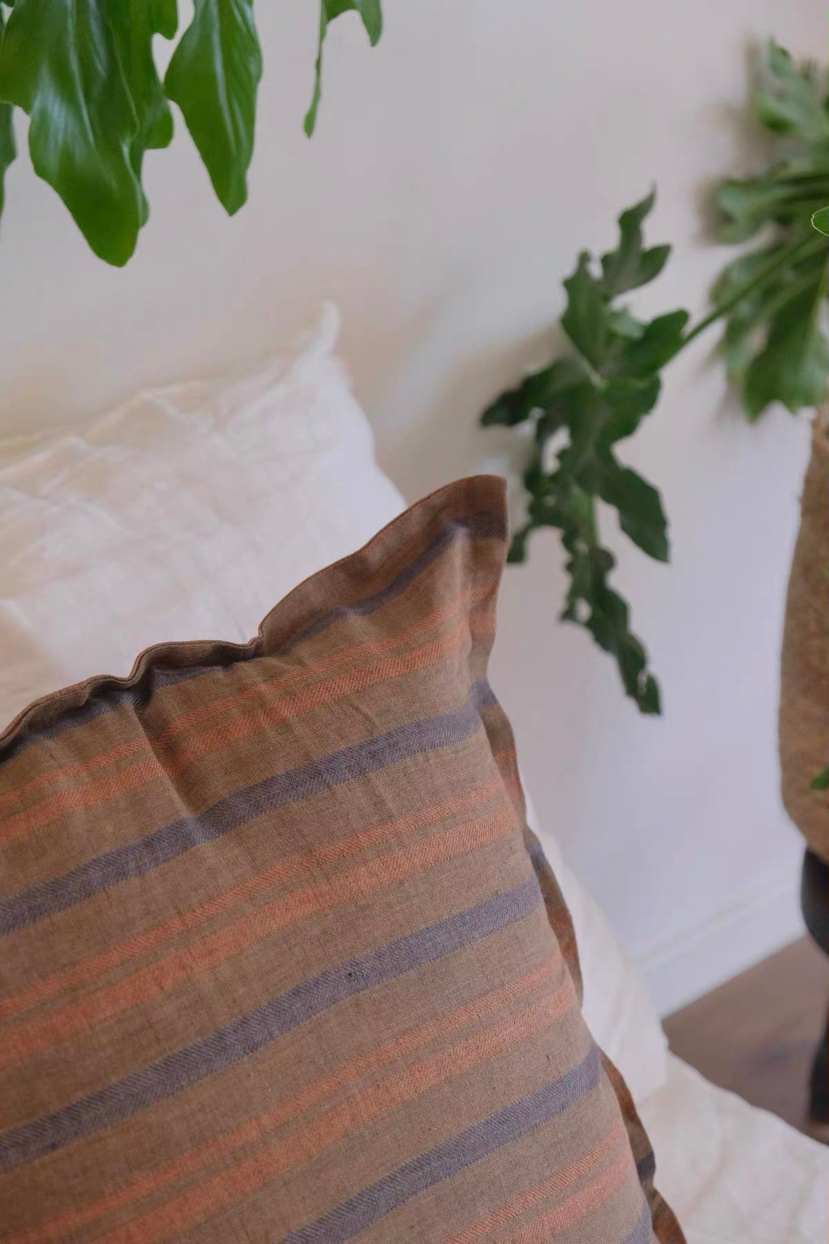 Vintage Linen Stripe Pillow Cover | Plastic-Free Natural Linen Cushion Cover | Japandi & Wabi-Sabi Decorative Pillow Cover