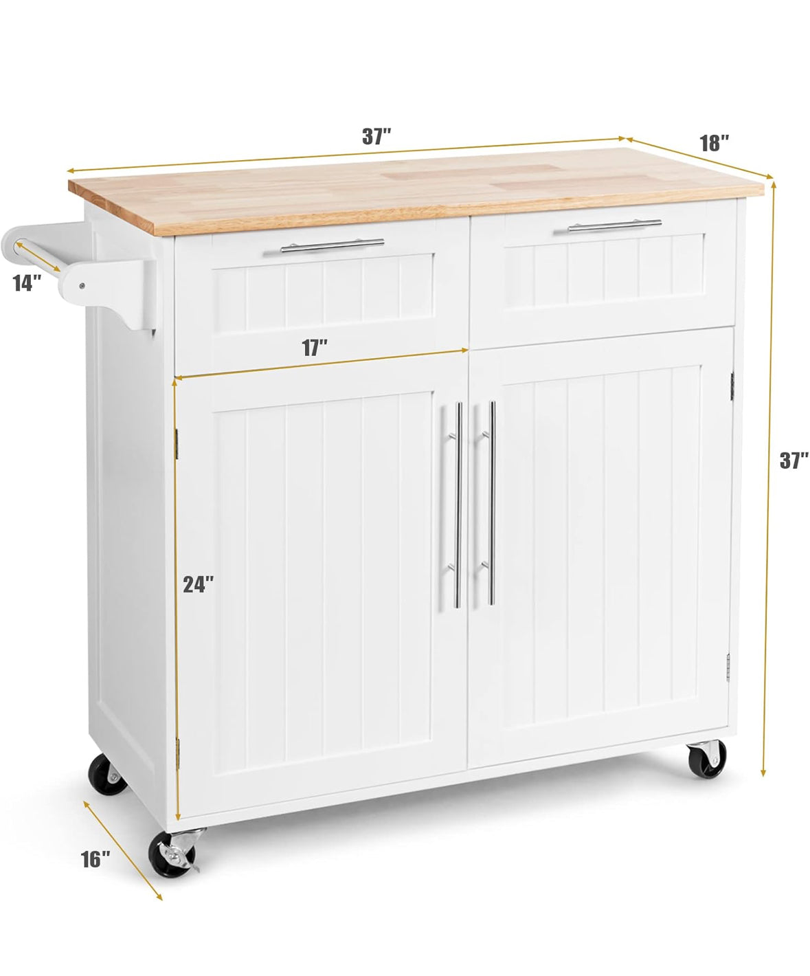 Rolling Kitchen Island Cart with Storage – White Cabinet, Wood Countertop, Drawers, Shelves, and Towel Rack