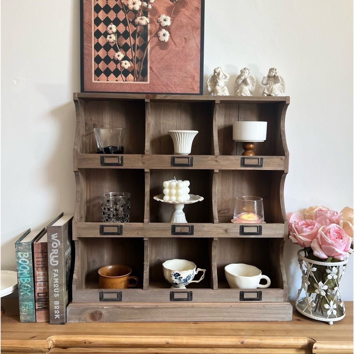 Vintage Wooden Wall Cubby Shelf Organizer – Rustic Display & Storage