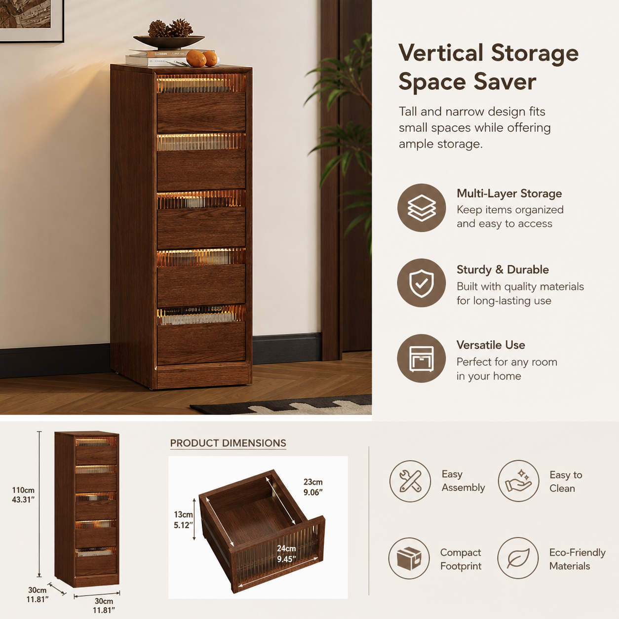 Modern Solid Wood Vertical Storage Cabinet, Slim 11.8" Wide Tower Chest of Drawers, Space-Saving Multi-Layer Organizer for Bedroom, Living Room, Entryway, and Office – 5 Sizes & 4 Finis
