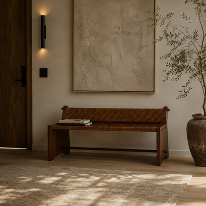 Handwoven Leather & Solid Wood Bench