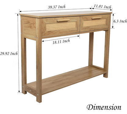 Rattan Accent Console Table with Dual Drawers and Open Shelf, Minimalist Style