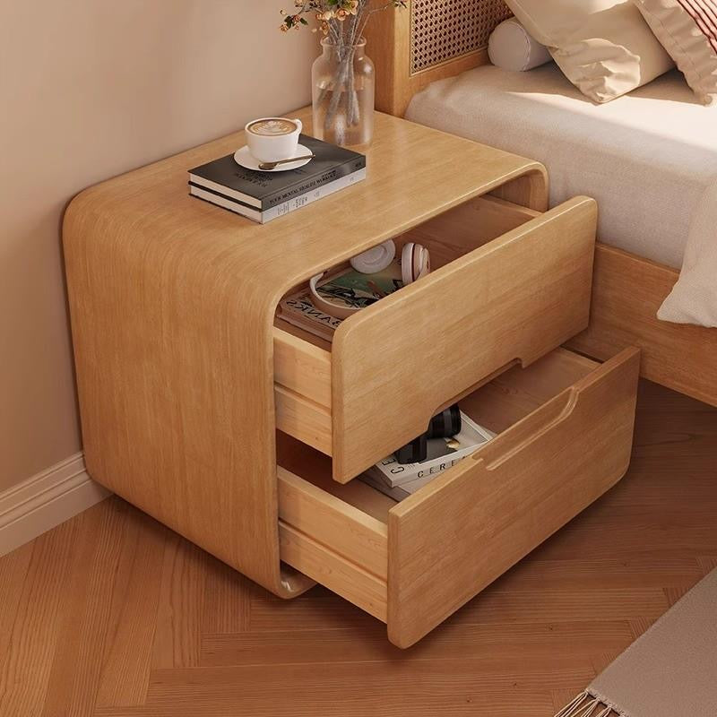 Solid Wood Nightstand - Natural Wood & Walnut Finish with Dual Storage Drawers