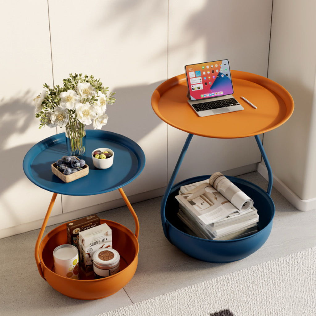 Modern Nesting Coffee Table – Round Metal Side Tables with Storage Basket for Living Room, Bedroom, Balcony, and Office