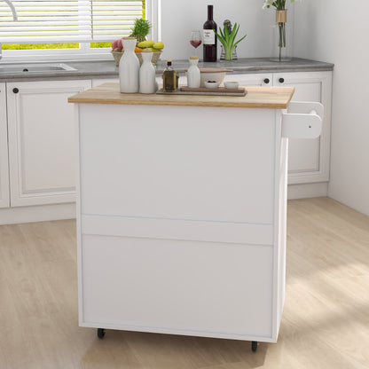 Rolling Kitchen Island Cart with Storage – White Cabinet, Wood Countertop, Drawers, Shelves, and Towel Rack