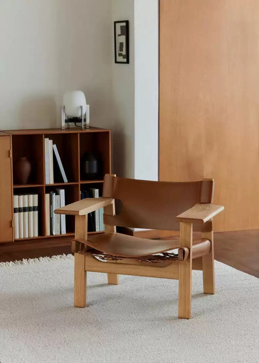 Spanish Chair | Genuine Leather Sling Lounge Chair – Solid Wood Mid-Century Armchair
