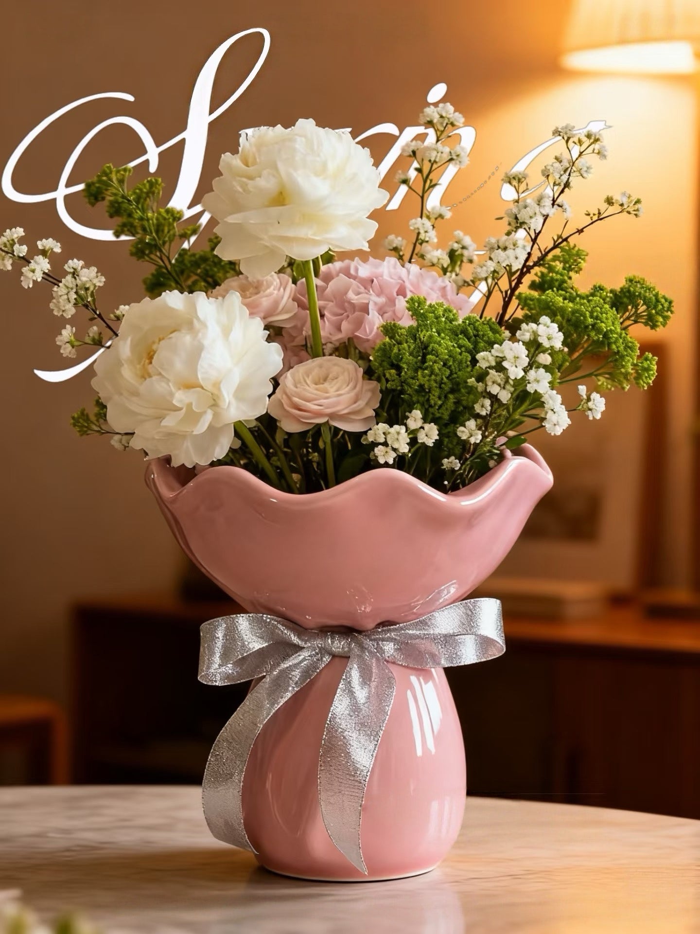Blush Bouquet Ceramic Vase – Handcrafted Ruffled Decorative Flower Pot with Silver Ribbon