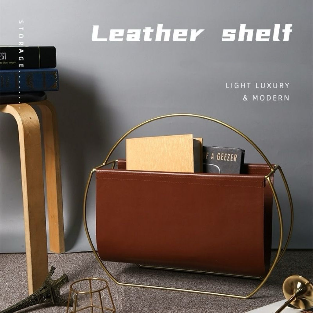 Luxury Leather Magazine Rack Organizer with Gold Metal Frame