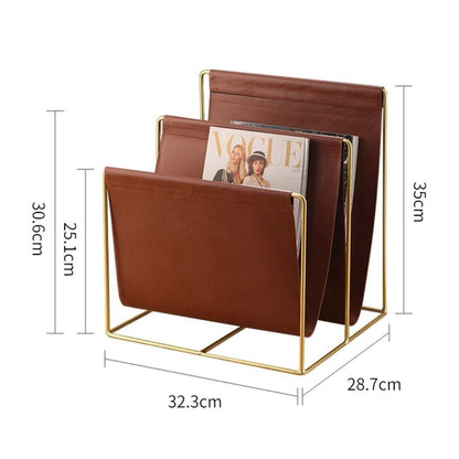 Luxury Leather Magazine Rack Organizer with Gold Metal Frame