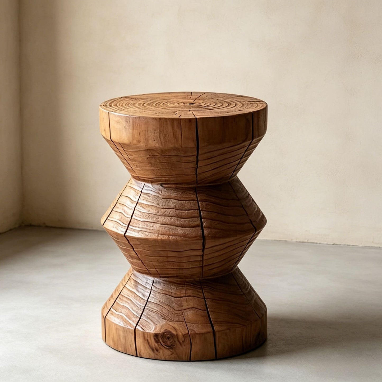 Sculptural Geometric Solid Wood Stool & Side Table
