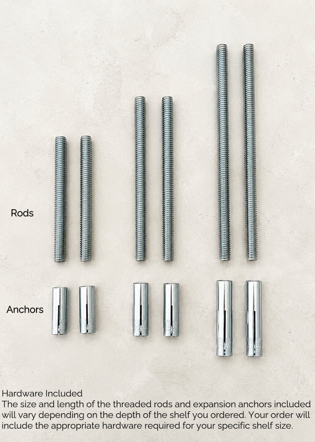 Metal shelf hardware set laid out on a light beige background, including multiple silver threaded rods and matching cylindrical anchors, with labels reading 'Rods' and 'Anchors' and a small note at the bottom about included hardware.