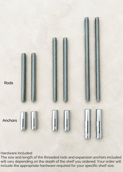 Metal shelf hardware set laid out on a light beige background, including multiple silver threaded rods and matching cylindrical anchors, with labels reading 'Rods' and 'Anchors' and a small note at the bottom about included hardware.