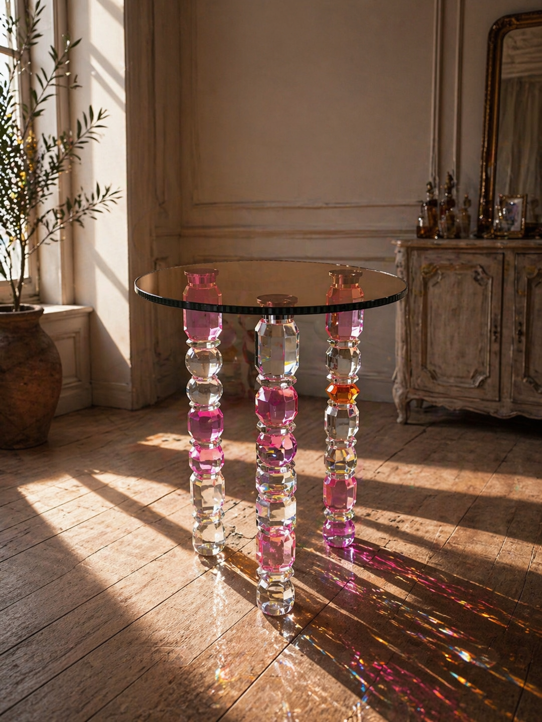 Glass table with colorful cylindrical legs in a sunlit room.
