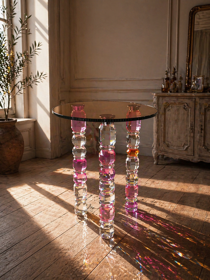 Glass table with colorful cylindrical legs in a sunlit room.
