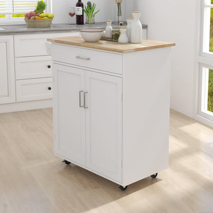 Rolling Kitchen Island Cart with Storage – White Cabinet, Wood Countertop, Drawers, Shelves, and Towel Rack