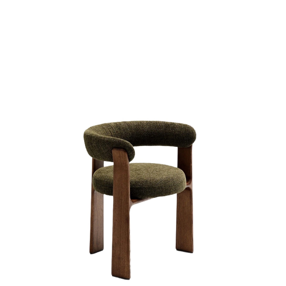 Olive green upholstered walnut-tone wood dining chair isolated on white background