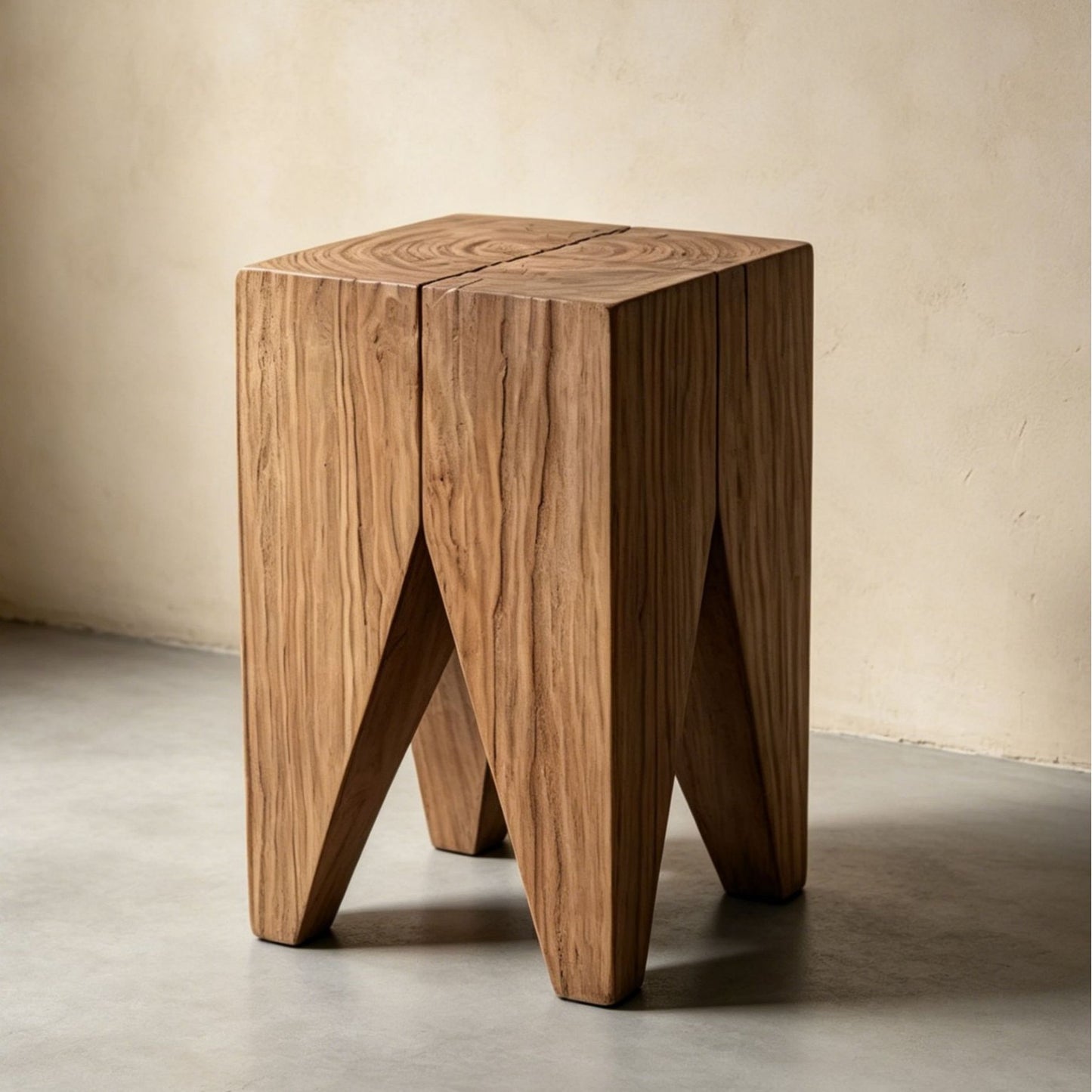 Sculptural Geometric Solid Wood Stool & Side Table