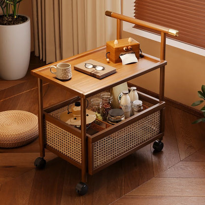 Multifunctional Rattan Rolling Cart – Wooden Bar Cart with Storage Basket, Mobile Kitchen Trolley, Bedside Table, or Sofa Side Table – Stylish & Versatile for Living Room, Bedroom, or Dining Area