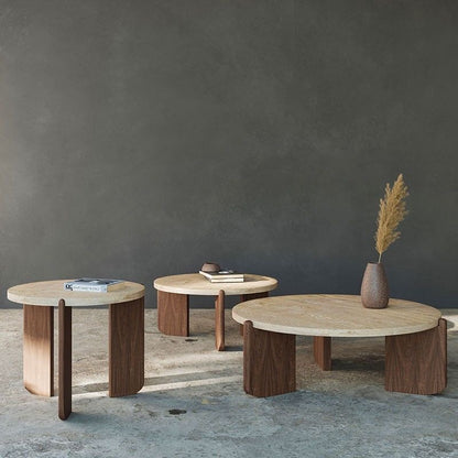 Organic Travertine Coffee Table | Round Stone Coffee Table with Solid Wood Legs