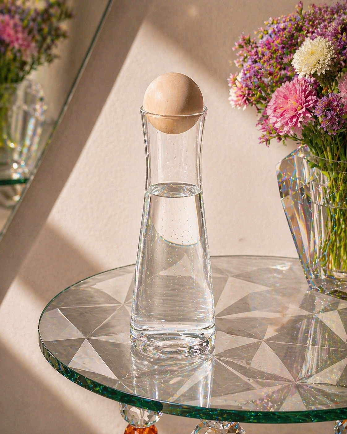 Tapered glass decanter with spherical wooden lid sitting on a refractive geometric glass table with colorful flowers in the background.