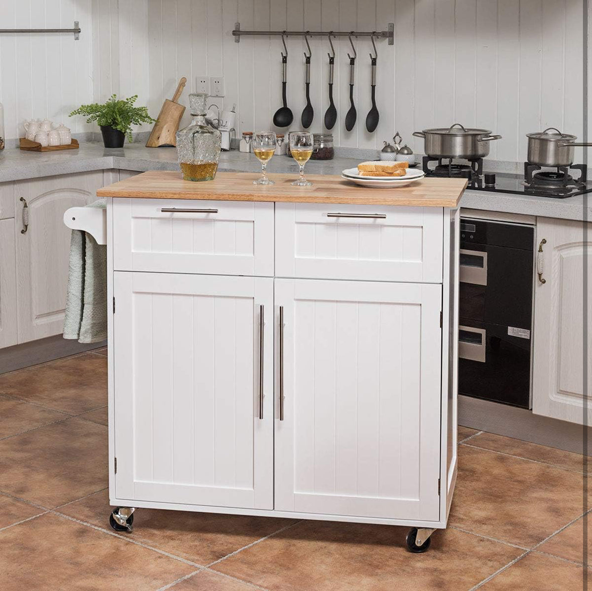 Rolling Kitchen Island Cart with Storage – White Cabinet, Wood Countertop, Drawers, Shelves, and Towel Rack