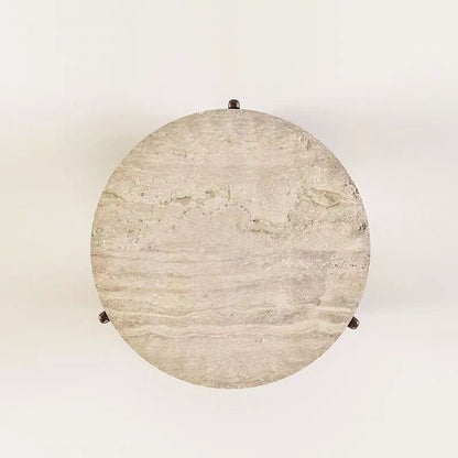 Organic Travertine Coffee Table | Round Stone Coffee Table with Solid Wood Legs