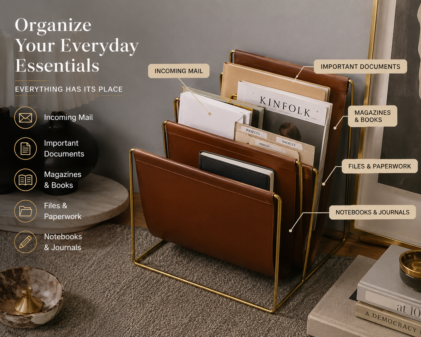Luxury Leather Magazine Rack Organizer with Gold Metal Frame
