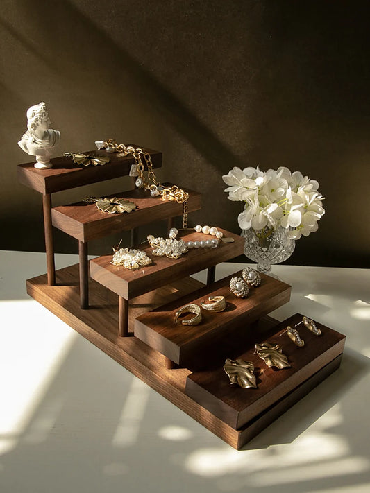 Multi-Tier Wooden Jewelry Display Stand with Modern Minimalist Design