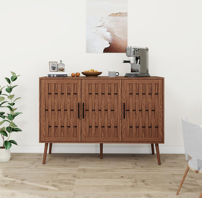 Mid-Century Modern 3-Door Storage Cabinet with Adjustable Shelves, Solid Pine Wood Legs, and Anti-Tip Design