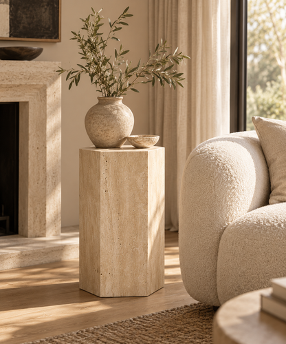 Hexagonal Travertine Pedestal | Natural Stone Display Plinth, Sculpture Stand & Side Table