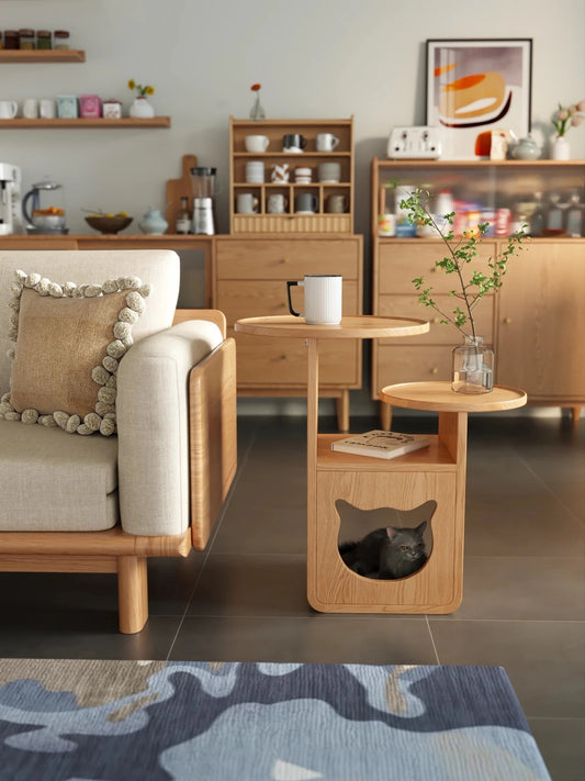 Modern Wooden Cat House Side Table - 2-in-1 Pet Bed & End Table for Living Room - Japandi Style Solid Wood Cat Furniture (Natural/Walnut)
