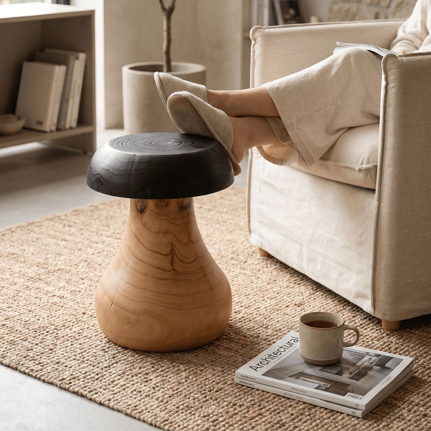 Artisan Mushroom Wood Side Table | Hand-Carved Solid Wood End Table | Charred Two-Tone Organic Modern Stool