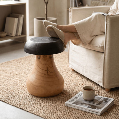 Artisan Mushroom Wood Side Table | Hand-Carved Solid Wood End Table | Charred Two-Tone Organic Modern Stool