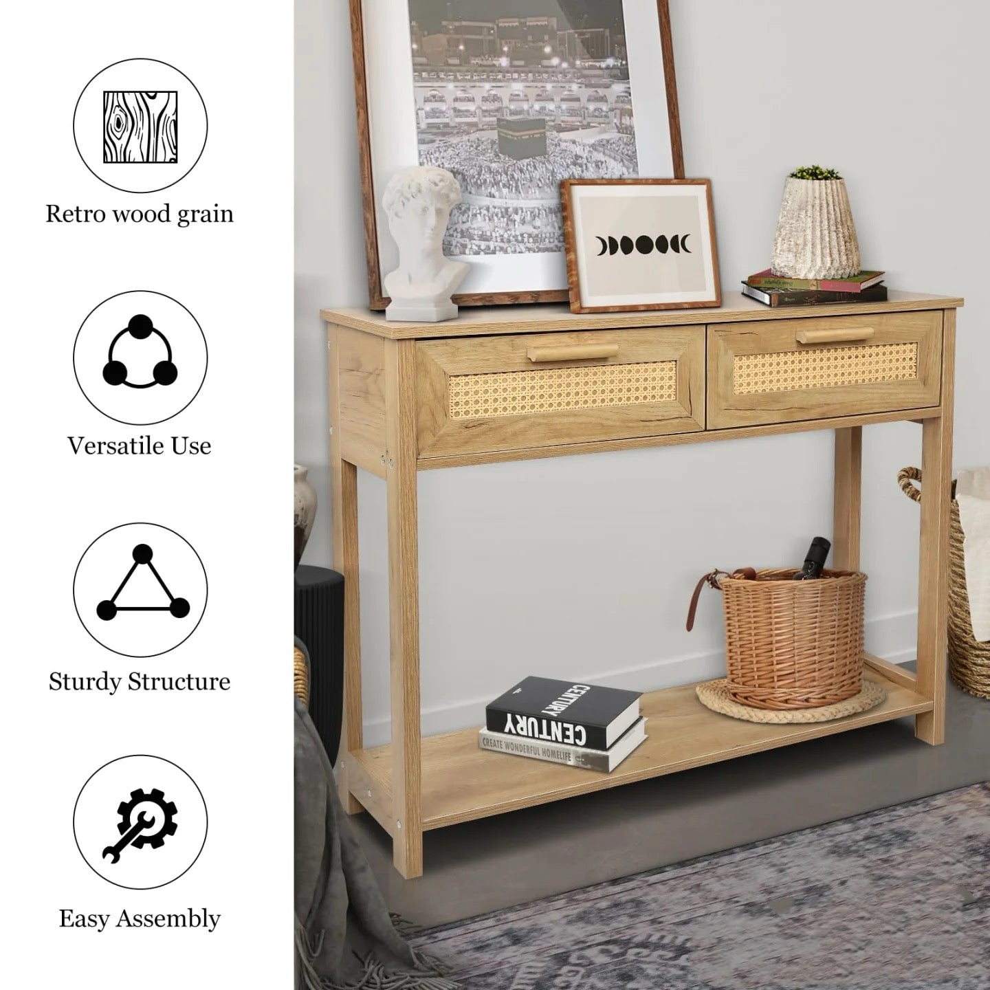 Rattan Accent Console Table with Dual Drawers and Open Shelf, Minimalist Style