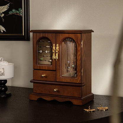 Vintage Wooden Jewelry Box Cabinet with Glass Doors