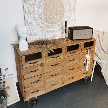 Vintage Multi-Drawer Wooden Cabinet on Wheels