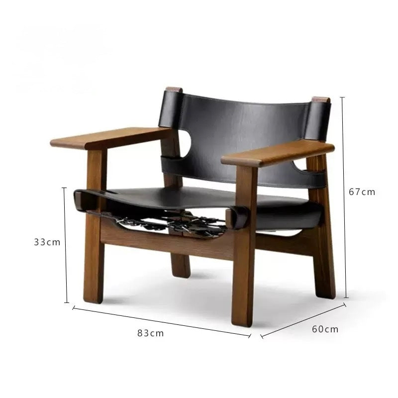 Spanish Chair | Genuine Leather Sling Lounge Chair – Solid Wood Mid-Century Armchair