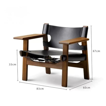 Spanish Chair | Genuine Leather Sling Lounge Chair – Solid Wood Mid-Century Armchair