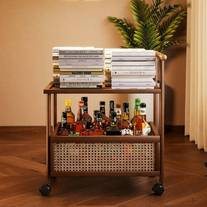 Multifunctional Rattan Rolling Cart – Wooden Bar Cart with Storage Basket, Mobile Kitchen Trolley, Bedside Table, or Sofa Side Table – Stylish & Versatile for Living Room, Bedroom, or Dining Area