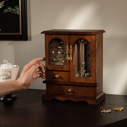Vintage Wooden Jewelry Box Cabinet with Glass Doors