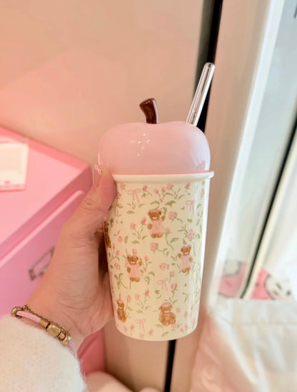 Pink Apple Blossom Bear Straw Cup