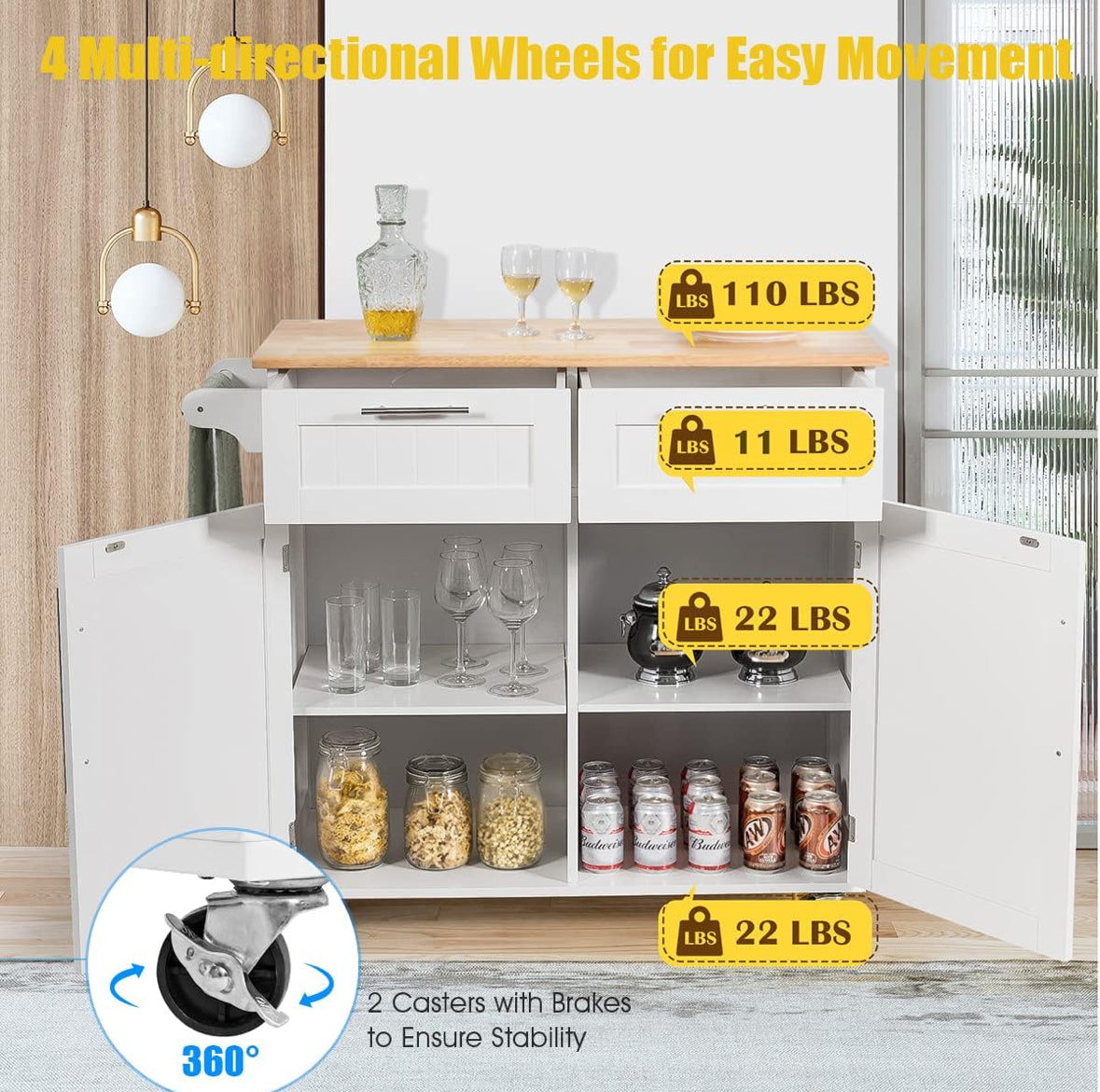 Rolling Kitchen Island Cart with Storage – White Cabinet, Wood Countertop, Drawers, Shelves, and Towel Rack