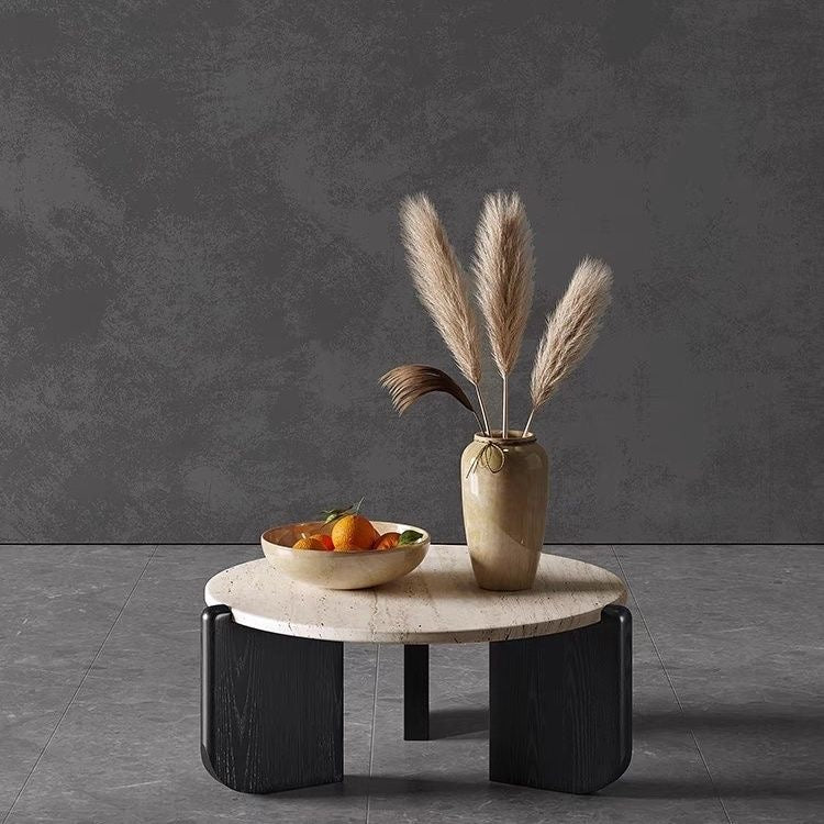 Organic Travertine Coffee Table | Round Stone Coffee Table with Solid Wood Legs