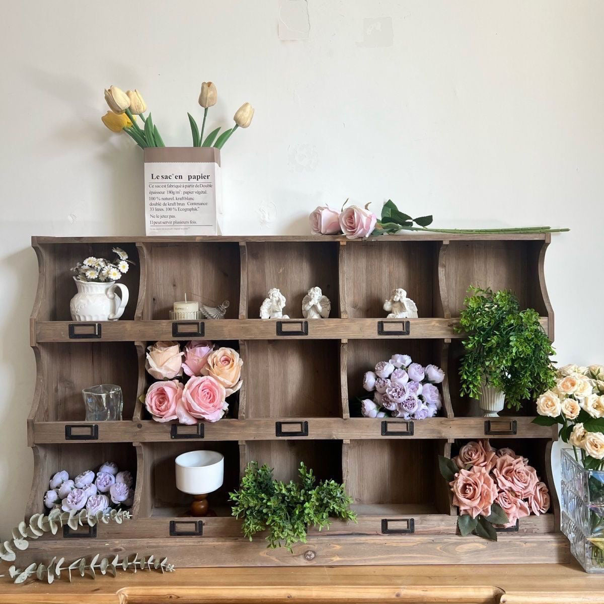 Vintage Wooden Wall Cubby Shelf Organizer – Rustic Display & Storage