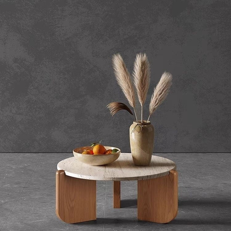 Organic Travertine Coffee Table | Round Stone Coffee Table with Solid Wood Legs