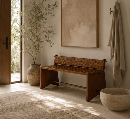 Handwoven Leather & Solid Wood Bench