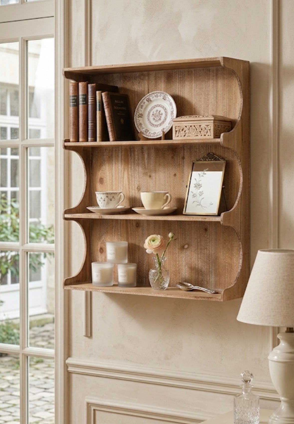 Vintage Maison Scalloped Tiered Wall Shelf | Rustic Pine Display Riser
