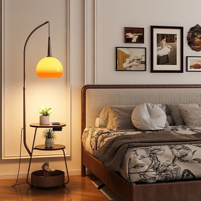 Arc Floor Lamp with Side Table & Shelves – Mid-Century Modern Globe Reading Lamp
