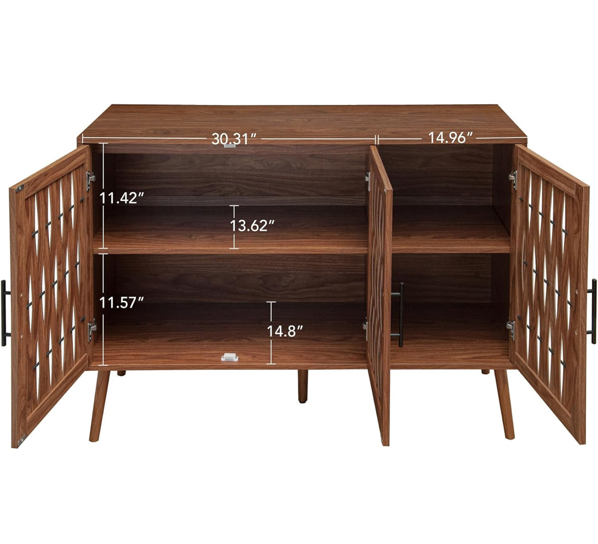 Mid-Century Modern 3-Door Storage Cabinet with Adjustable Shelves, Solid Pine Wood Legs, and Anti-Tip Design