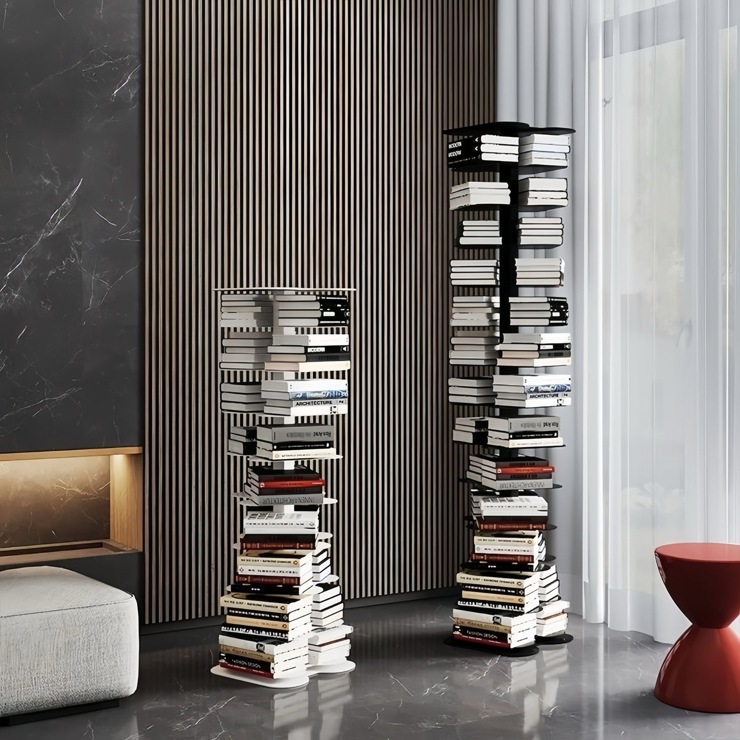 Metal Rotating Spine Bookshelf – Vertical Book Tower & Multipurpose Display Shelf for Small Spaces